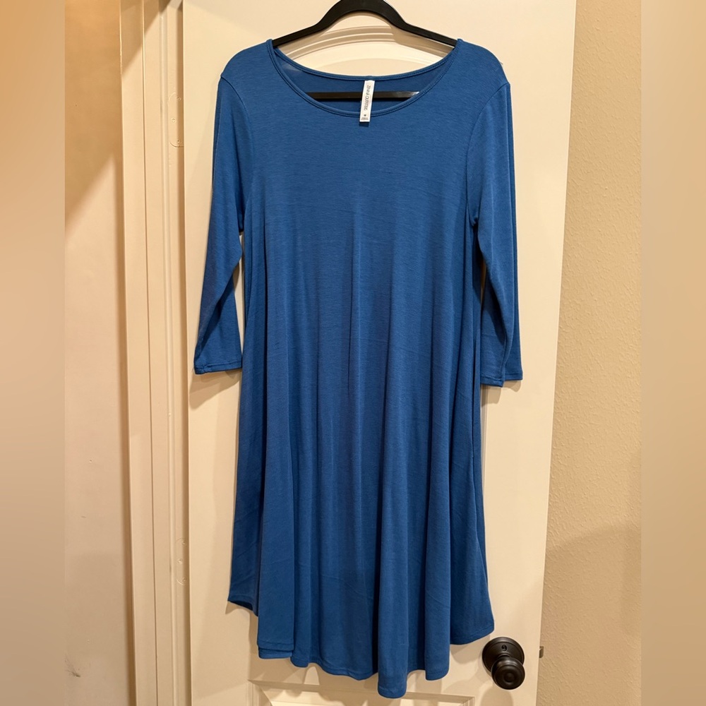Zenana Outfitters 3/4 Sleeve Steel Blue Dress with Pockets